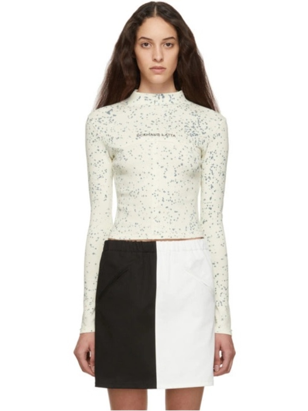 Eckhaus Latta Cream Long-Sleeve Speckled Crop Top